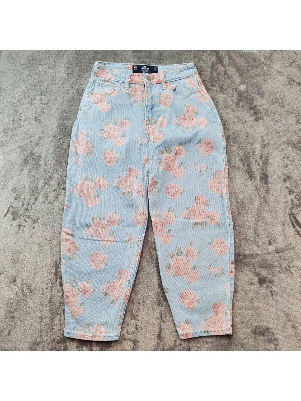 Hollister Balloon Blue Jeans Size 00S 23x24 Short High Rise Pink Flowers Boho